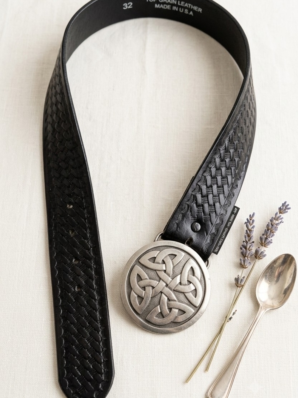Vintage Task Force Celtic Knot Belt Black Top Grain Leather Basketweave Made USA